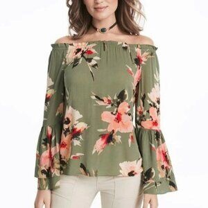 • WHBM Floral Off Shoulder Bell Sleeve Blouse Green B10